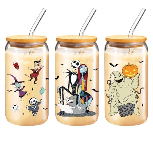 Arsemica Halloween-Glastasse für Damen und Herren, 473 ml, Glasbecher mit Deckel und Strohhalmen, Nightmare Christmas, Kaffee-Trinkbecher, Partyzubehör, Jack Sally Nightmare Before Arsemica Halloween-Glastasse für Damen und Herren, 473 ml, Glasbecher mit Deckel und Strohhalmen, Nightmare Christmas, Kaffee-Trinkbecher, Partyzubehör, Jack Sally Nightmare Before von Arsemica