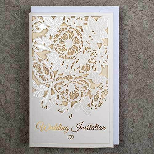 ART NUVO WEDDING INVITATIONS CARDS - 20pcs, 130x205mm, WITH PRINTABLE INNERS AND ENVELOPES FOR WEDDING - LASER CUT, GOLD FOILED, EMBOSSED DESIGN WITH ENGRAVED INSCRIPTIONS ON IVORY, DECORATIVE PAPER von art nuvo