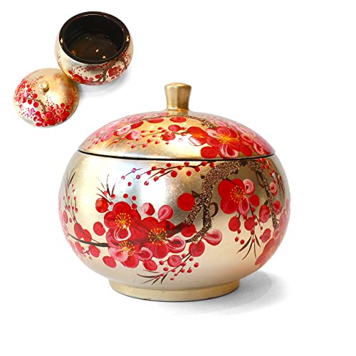 Runde Box aus lackiertem Holz, goldfarben, Ø 10,5 cm, rote Kirschblüte, handgefertigt – Schmuckschatulle für Ring, Armband, Halskette, asiatische Dekoration (S38-108) von Art Saigon