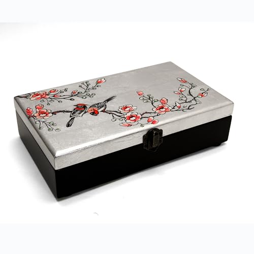 Schmuckschatulle aus versilbertem lackiertem Holz "Vogelpaar und Kirschblüten", Aufbewahrungsbox – Handwerk aus Vietnam und asiatische Dekoration – Breite 24 cm x T 14 cm x H 6 cm (S58-20C18A-24) von Art Saigon