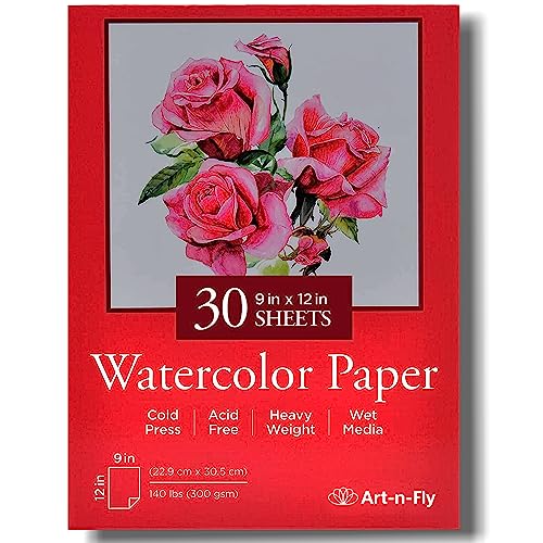 30 Blatt 9 x 12 Wasserfarben-Papier (300 g/m²) Klappdesign Kaltpressung Aquarell-Block von Art-n-Fly