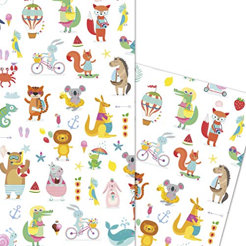 ArtUp.de 5 Bögen Geschenkpapier mit fröhlichen bunten Tieren für tolle Geschenke - Kindergeburtstag Geburt Baby Shower Party - DIY Bastelbögen stabile Qualität Bogengröße DIN A2 (42 x 59 cm) von ArtUp.de