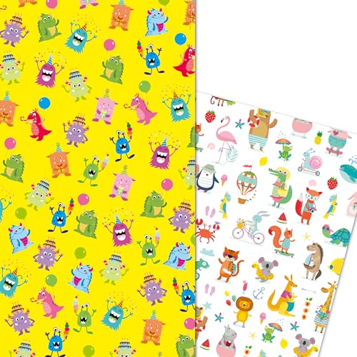ArtUp.de 6 Bögen Geschenkpapier gemischt fröhliche Tiere und lustige Monster (je 3 Bögen) Geschenke Kindergeburtstag - DIY Bastelbögen stabile Qualität Größe je Bogen DIN A2 (42 x 59 cm) von ArtUp.de