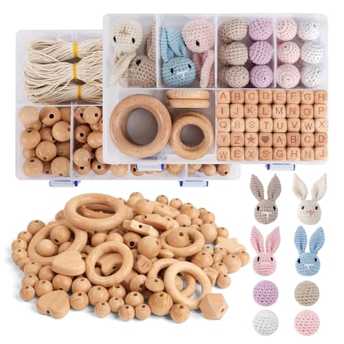Artebeads Holzperlen Holzringe Set, 322 Stück Beech holzperlen Rund Holzkugeln mit Loch zum Auffädeln, Buchstaben gehäkelt Holz Perlen für Makramee basteln DIY Schmuck Zubehör von Artebeads