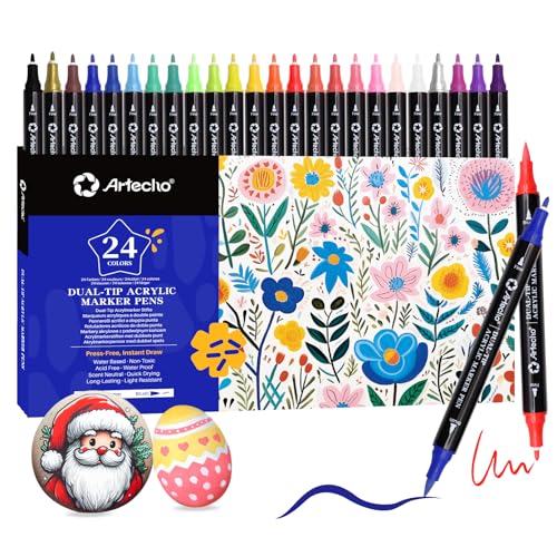 Artecho Acrylstifte 24 Farben, 0.5-5mm Wasserfester Dual Tip Marker (Pinsel und feine Spitze), mit doppelten Enden für Rock Painting, Glas, Papier, Holz, Ei, Leinwand, Keramik, Stoff, DIY Crafts von Artecho