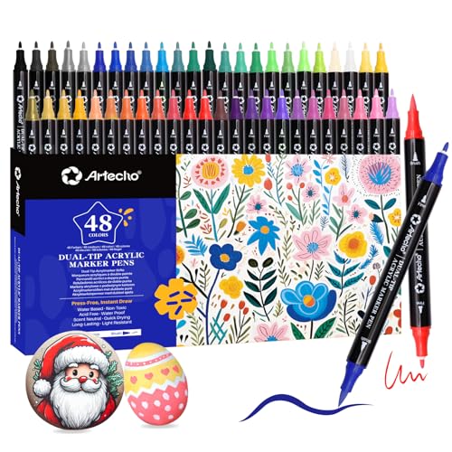 Artecho Acrylstifte 48 Farben, 0.5-5mm Wasserfester Dual Tip Marker (Pinsel und feine Spitze), mit doppelten Enden für Rock Painting, Glas, Papier, Holz, Ei, Leinwand, Keramik, Stoff, DIY Crafts von Artecho