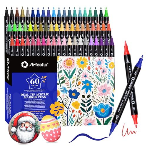 Artecho Acrylstifte 60 Farben, 0.5-5mm Wasserfester Dual Tip Marker (Pinsel und feine Spitze), mit doppelten Enden für Rock Painting, Glas, Papier, Holz, Ei, Leinwand, Keramik, Stoff, DIY Crafts von Artecho