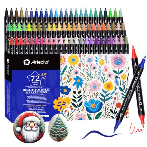 Artecho Acrylstifte 72 Farben, 0.5-5mm Wasserfester Dual Tip Marker (Pinsel und feine Spitze), mit doppelten Enden für Rock Painting, Glas, Papier, Holz, Ei, Leinwand, Keramik, Stoff, DIY Crafts von Artecho