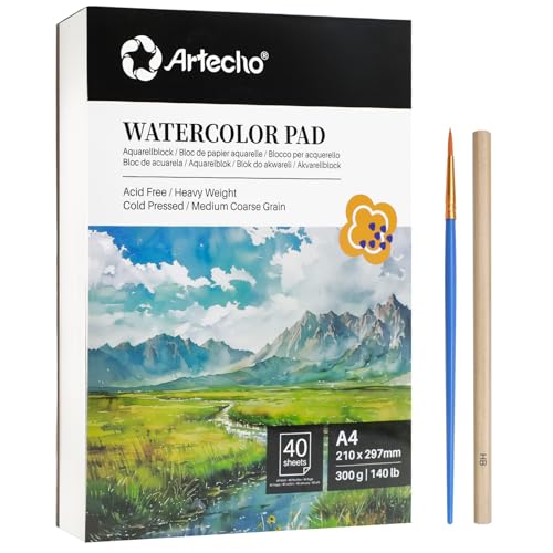 Artecho Aquarellpapier A4 300g 40 Blatt mit Aquarellpinsel und Bleistift, Weiß Aquarellblock 21×29.7 cm, Malblock für Aquarell, Acryl, Zeichnen, Malen. Artecho Aquarellpapier A4 300g 40 Blatt mit Aquarellpinsel und Bleistift, Weiß Aquarellblock 21×29.7 cm, Malblock für Aquarell, Acryl, Zeichnen, Malen. von Artecho