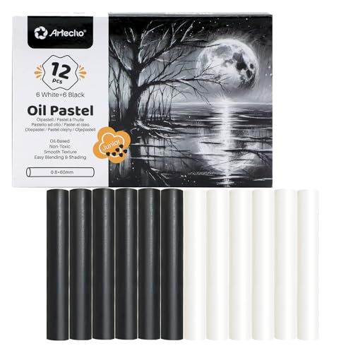Artecho Ölpastellkreide, 12 Stück, 6 weiße und 6 schwarze (8 x 60 mm), weiche Ölpastelle für Kunstmalerei, Zeichnen, Mischen, Kunstbedarf für Künstler, Anfänger, Studenten, Lehrer von Artecho