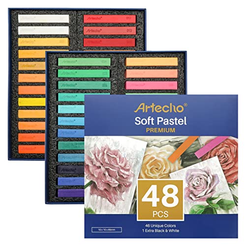 Artecho Pastellkreide 48er Premium Set, 46 Farben Darunter 4 Fluoreszierende Farben, Extra Schwarz & Weiß, Ideal für Künstler, Hobbymaler, Schule, Kunstunterricht. von Artecho