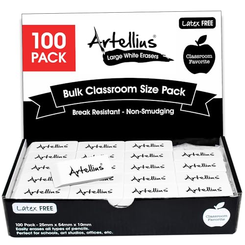 Artellius Weiße Radiergummis 100er-Pack - Latex- und wischfrei in großer Größe für Kunstklassenzimmer, Zeichnen, Lehrer, Homeschool und mehr! von Artellius
