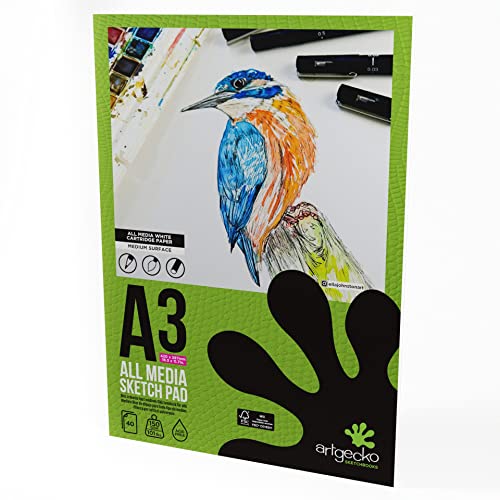 Artgecko Pro Mixed Media Skizzenblock, A3, 40 Blatt, 150 g/m², weißes Zeichenpapier von Artgecko