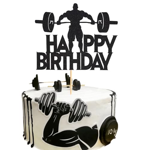 Arthsdite 1 x Fitness-Kuchenaufsatz – Fitness-Thema, Gewichtheben, Liebhaber, Sportler, Bodybuilder, Sport, Gewichtheben, Happy Birthday, Party-Dekoration, Fitness-Enthusiasten, schwarzer Glitzer von Arthsdite