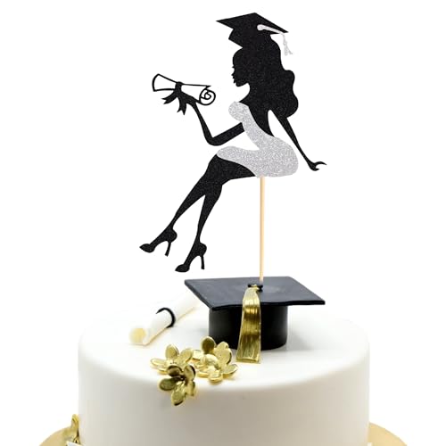 Arthsdite 1 x High Heel Mädchen Abschluss-Kuchenaufsatz mit Abschluss-Kappe, Diplom 2024, Abschlussfeier, Kuchendekoration für 2024, Abschlussfeier, Partyzubehör – Silber-Glitzer von Arthsdite
