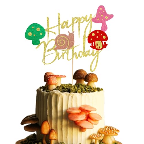 Arthsdite 1 x Pilz-Kuchenaufsatz, Pilz-Geburtstagstortendekorationen für Mädchen, Jungen, Pilzschnecke, Happy Birthday Dekorationen, Themenparty-Zubehör von Arthsdite