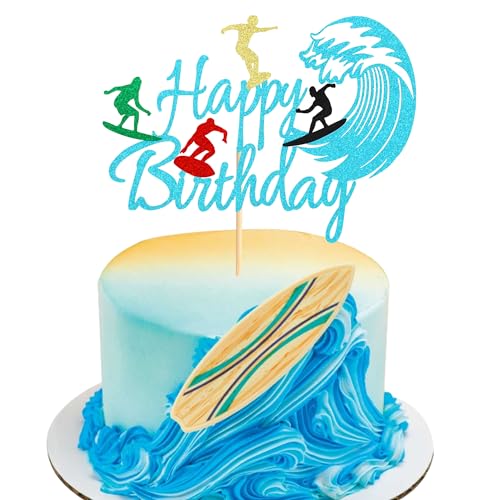 Arthsdite 1 x Surfing Happy Birthday Tortenaufsatz, Surfbrett, Geburtstagskuchenaufsatz für Sommer, Hawaii, Strand, Surfen, Sport, Surfer, Motto-Party-Dekorationen – blauer Glitzer von Arthsdite