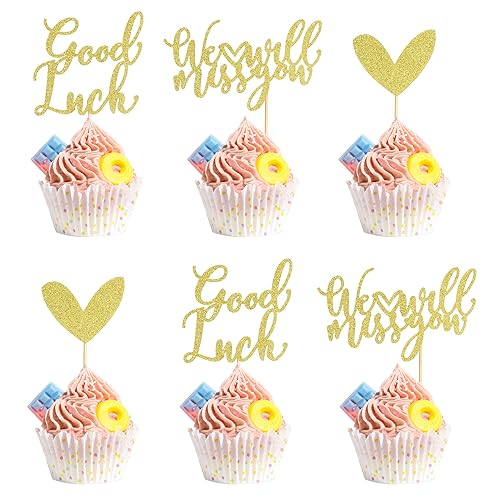 Arthsdite 24 Stück Cupcake-Topper mit Aufschrift "We Will Miss You", glitzernd, Rot, Liebe, Herzen, Glück, Cupcake-Picks, Ruhestand, Party, Kuchendekorationen – Goldglitzer von Arthsdite