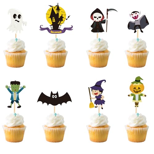 Arthsdite 24 Stück Halloween Cupcake Toppers Geist Hexe Fledermaus Cupcake Picks Halloween Boo Todesgott Horror Haus Kuchen Dekorationen von Arthsdite
