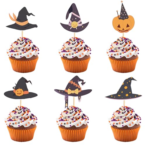 Arthsdite 24 Stück Hexenhut Cupcake Toppers Halloween Party Dekorationen Halloween Hexenhut Thema Kuchen Dekorationen für Geburtstagsparty Baby Shower Supplies von Arthsdite