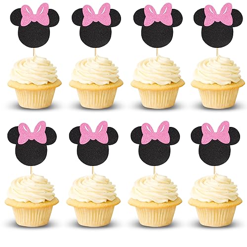 Arthsdite 24 Stück von Maus inspirierte Cupcake-Topper mit rosa Schleife, schwarzer Glitzer, Maus-Kuchendekorationen für Babyparty, Hochzeit, Kindergeburtstag, Kuchendekorationen – schwarzer Glitzer von Arthsdite