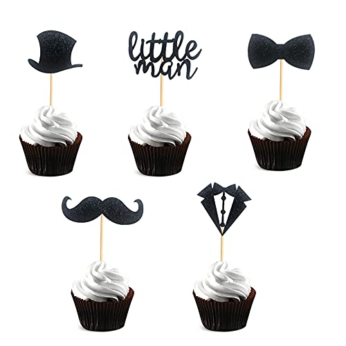 Arthsdite 40 Stück vormontierte schwarze glitzernde kleine Mann Mini-Bart Fliege Hut Anzug Cupcake Topper für Jungen Geburtstag Party Dekorationen von Arthsdite