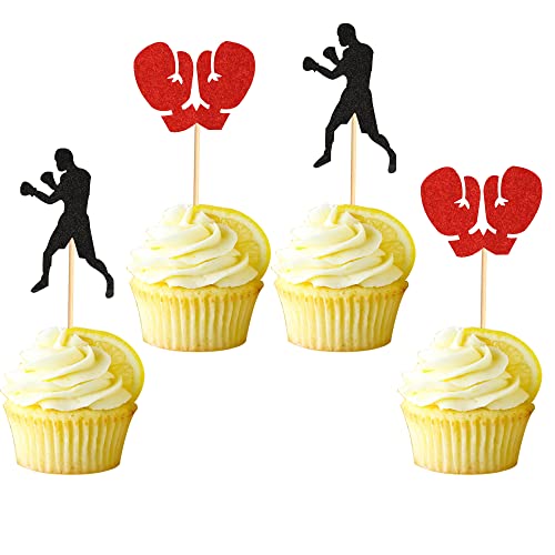 Arthsdite 48 Stück schwarze rote Glitzer-Boxhandschuhe Boxer Cupcake Toppers Fitness Cupcake Picks Boxer Geburtstag Party Dekorationen von Arthsdite