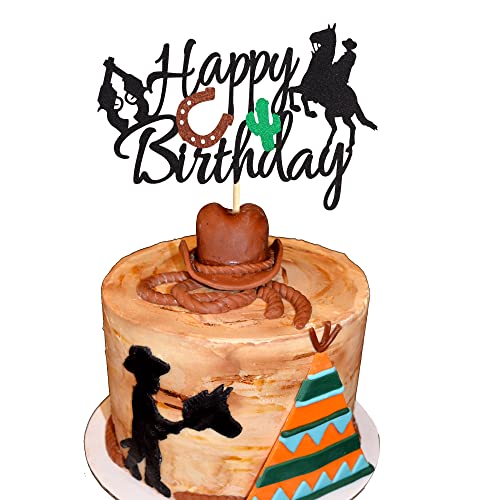 Arthsdite Cowboy Happy Birthday Kuchendekoration, kleiner Cowboy-Kuchenaufsatz, Stiefel, Schießen, westliches Thema, Kuchendekorationen, schwarze Glitzer-Dekorationen für Kinder von Arthsdite