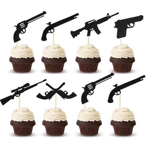 Arthsdite Cupcake-Aufsätze, Motiv: Pistole, Pistole, Schießen, für Babypartys, Geburtstagspartys, Kuchendekorationen, Zubehör, schwarzer Glitzer, 24 Stück Arthsdite Cupcake-Aufsätze, Motiv: Pistole, Pistole, Schießen, für Babypartys, Geburtstagspartys, Kuchendekorationen, Zubehör, schwarzer Glitzer, 24 Stück von Arthsdite