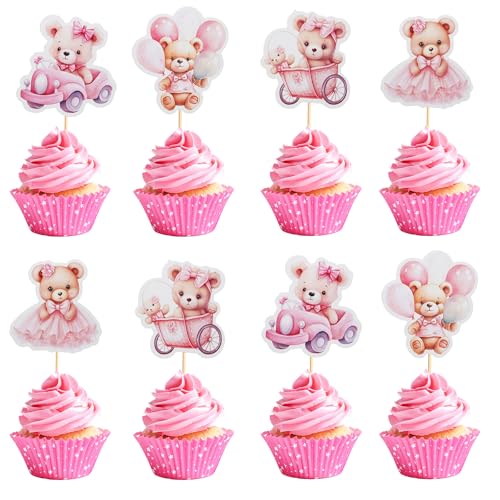 Arthsdite Cupcake-Aufsätze für Babypartys, Ballon, Baby-Bär, Babyparty, Kleid, Auto, Schaukelstuhl, Cupcake-Picks, Dekorationen, Geburtstagsparty-Zubehör für Jungen, Rosa, 24 Stück von Arthsdite