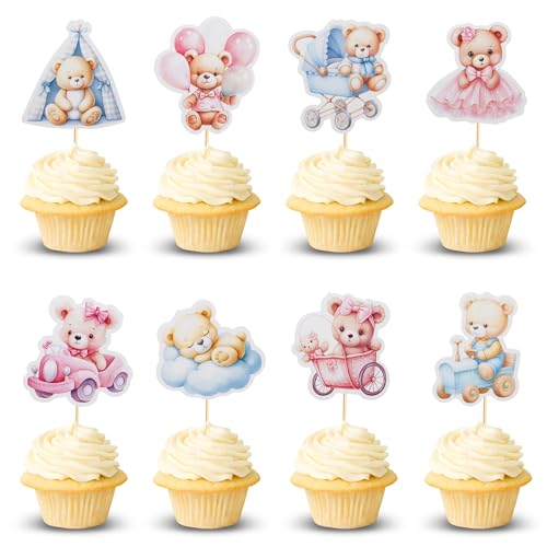 Arthsdite Cupcake-Aufsätze für Babypartys, Ballon, Wolke, Baby-Bär, Babyparty, Auto, Schaukelstuhl, Zelt, Cupcake-Picks, Dekorationen, Geburtstagsparty-Zubehör für Jungen, Blau, Rosa, 24 Stück von Arthsdite