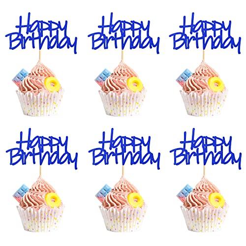 Arthsdite Cupcake-Topper "Happy Birthday", vormontiert, dunkelblau, glitzernd, für Kuchen, Lebensmittel, Obst, für Geburtstagsparty, Dekoration, Zubehör, 24 Stück von Arthsdite