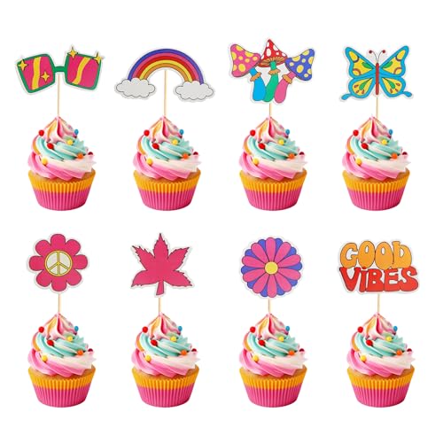 Arthsdite Cupcake-Topper im Hippie-Stil, für Geburtstag, Schmetterling, Pilz, gute Stimmung, Regenbogen-Gänseblümchen, Frieden, 60er-Jahre-Party-Dekorationen, Retro-Boho-Partyzubehör, 24 Stück Arthsdite Cupcake-Topper im Hippie-Stil, für Geburtstag, Schmetterling, Pilz, gute Stimmung, Regenbogen-Gänseblümchen, Frieden, 60er-Jahre-Party-Dekorationen, Retro-Boho-Partyzubehör, 24 Stück von Arthsdite