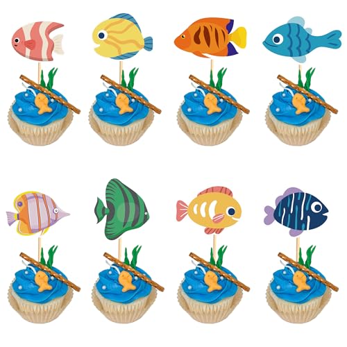 Arthsdite Cupcake-Topper mit Fischmotiven, für Babypartys, Jungen, Mädchen, Happy Birthday, Party, tropische Party, Kuchenspieße, unter dem Meer, 24 Stück von Arthsdite