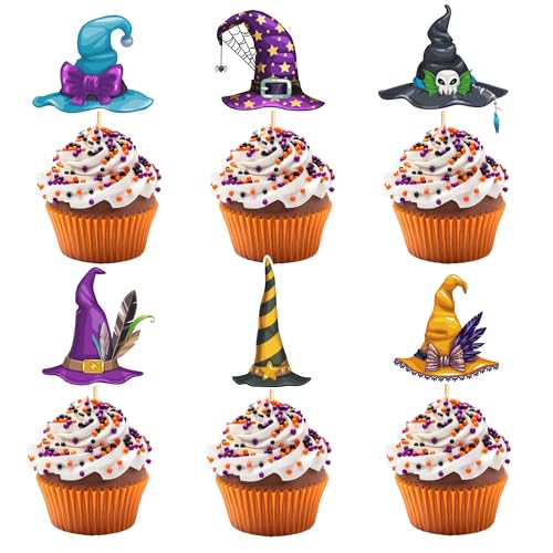 Arthsdite Cupcake-Topper mit Hexenhut, Halloween-Party-Dekorationen, Halloween, Hexenhut, Thema, Cupcake-Dekorationen für Geburtstagsparty, Babyparty, 24 Stück von Arthsdite