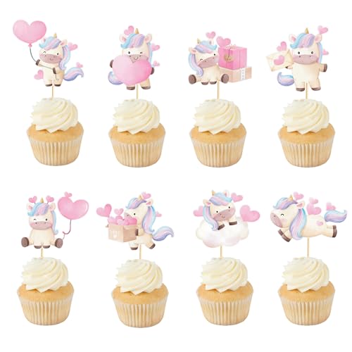 Arthsdite Einhorn-Cupcake-Topper mit Herz, Party-Dekoration, geeignet für Babyparty, Valentinstag, Geburtstag, Party-Dekoration, 24 Stück von Arthsdite