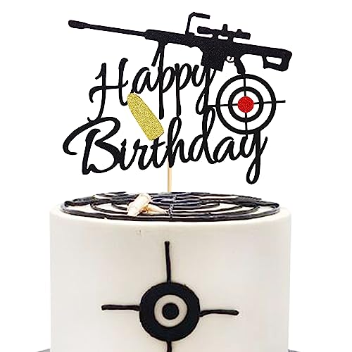 Arthsdite Pistole Happy Birthday Cake Topper – Bullet Target Dekoration, Pistole Shooting Thema Party Supplies – Schwarzer Glitzer von Arthsdite