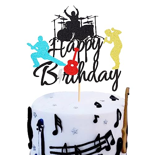 Arthsdite Happy Birthday Band Cake Topper-Set, Gitarre, singende Kuchendekoration für Musikthema, Geburtstagsparty, für Rock-Roll-Schlagzeuger-Party-Dekoration, schwarzer Glitzer von Arthsdite