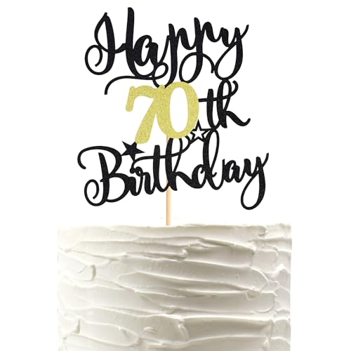 Arthsdite Tortenaufsatz "Happy 70th Birthday", "Cheers to 70 Years Birthday", Kuchendekoration für 70. Geburtstag, Party-Kuchendekorationen – Schwarz / Gold, Glitzer, 1 Stück von Arthsdite