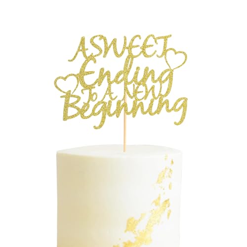 Arthsdite Tortenaufsatz mit Aufschrift "A Sweet Ending to A New Beginning", "The Adventure Begins", für Hochzeit, Ruhestand, Abschied, Party-Dekoration, goldfarbener Glitzer, 1 Stück von Arthsdite