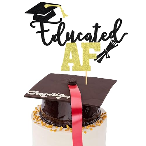 Arthsdite Tortenaufsatz mit Aufschrift "Educated AF for Class of 2024 Graduation High School Graduation College", Party-Dekoration, schwarzer Glitzer, 1 Stück von Arthsdite