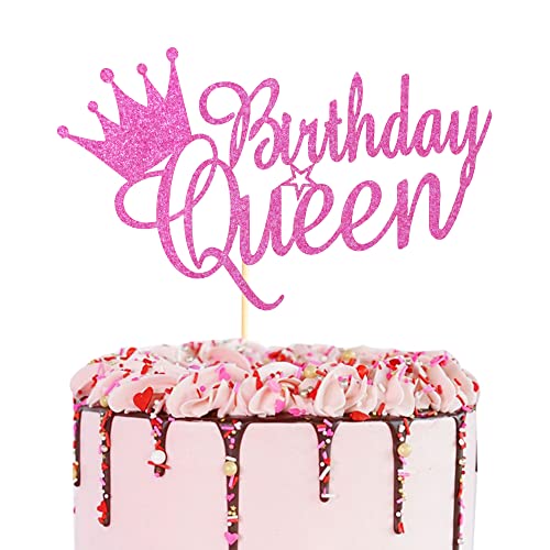 Arthsdite Tortenaufsatz mit Aufschrift "Queen Birthday", Wimpelkette, Party-Dekoration für Damen, Mädchen, Damen, rosa Glitzer von Arthsdite