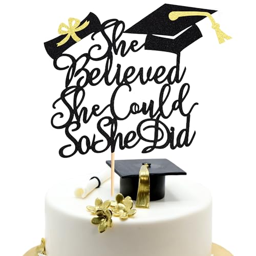 Arthsdite Tortenaufsatz mit Aufschrift "She Believed She Could So She Did", 2025 Abschlusskuchenaufsatz, Abschlussdekoration für Mädchen, High School/College/Universität, 1 Stück, schwarzer Glitzer von Arthsdite