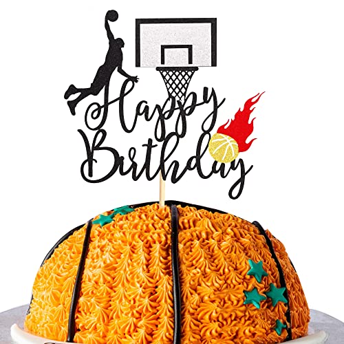 Arthsdite Tortenaufsatz mit Basketballmotiv "Happy Birthday", Basketball-Motiv, für Basketball-Thema, Babyparty, Geburtstagsparty, Kuchendekorationen, Zubehör, schwarzer Glitzer von Arthsdite