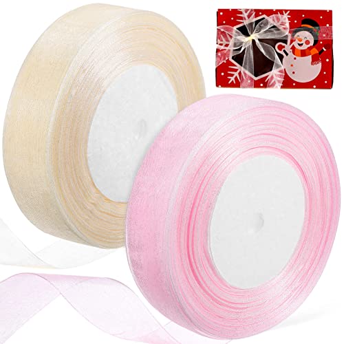 Artibetter 2 49 Yards Gaze-Band Doppelseitig Fransen Chiffonband Beige Rosa Bänder Set Für Geschenkverpackung Hochzeitsdekoration Diy-Handwerk von Artibetter