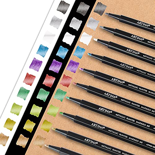 Artina 10 Metallic Marker Set Markilo ME – 0.7 mm Spitze – Wasserfeste Glitzer Filzstifte Bunte Fineliner Leuchtende Farben Permanente Metallic Marker Schimmernde Mal Stifte für Gästebuch & Karten von Artina