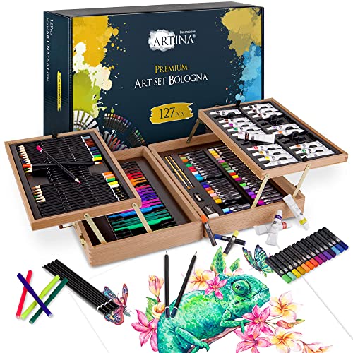 Artina 127tlg Malset Bologna XXL Künstler Set mit FSC Holz Malkoffer – Acrylfarben, Aquarellfarben, Buntstifte, Pastellstifte, Fineliner, Bleistifte - Großes Zeichenset mit Aufbewahrung für Anfänger von Artina