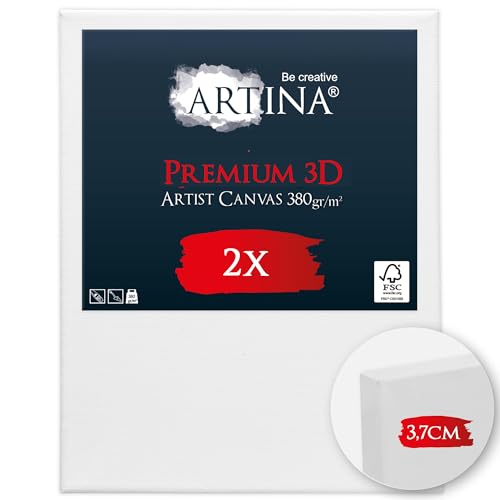 Artina 2er Set 3D Leinwand 40x50cm Bespannt auf stabilem FSC® Keilrahmen in Premium Qualität verzugsfrei & 3-Fach weiß vorgrundiert 100% Baumwolle 380 g/m² von Artina