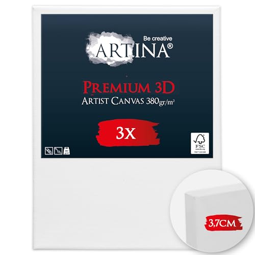 Artina 3er Set 3D Premium 18x24 cm Keilrahmen – Holz Keilrahmen Leinwand 100% Baumwolle Leinwand 3-Fach weiß vorgrundiert – Leinwände zum Bemalen 380 g/m² - Extrabreiter, bespannter Keilrahmen von Artina