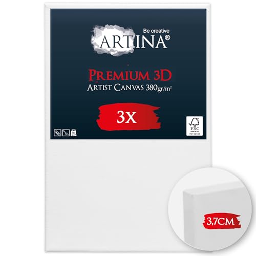 Artina 3er Set 3D Premium 20x30 cm Keilrahmen – Holz Keilrahmen Leinwand 100% Baumwolle Leinwand 3-Fach weiß vorgrundiert – Leinwände zum Bemalen 380 g/m² - Extrabreiter, bespannter Keilrahmen von Artina